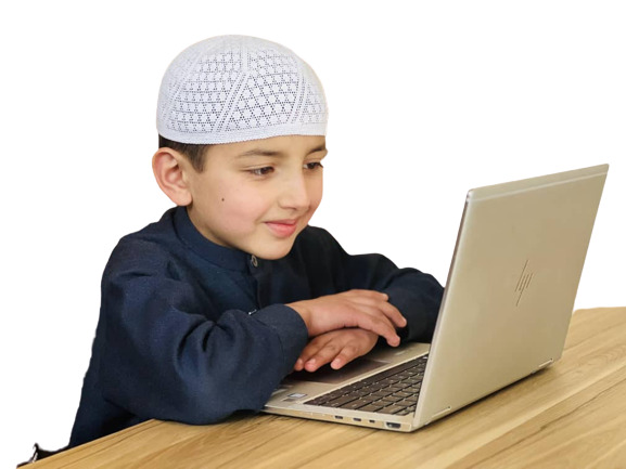 Child learning Quran online with a teacher visible on the screen